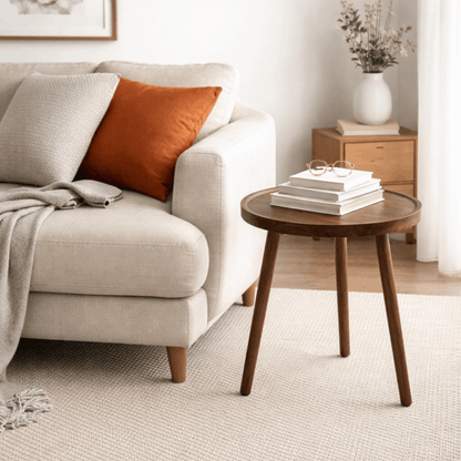 Ronde houten bijzettafel met drie poten naast een beige bank met boeken en decoratie erop.