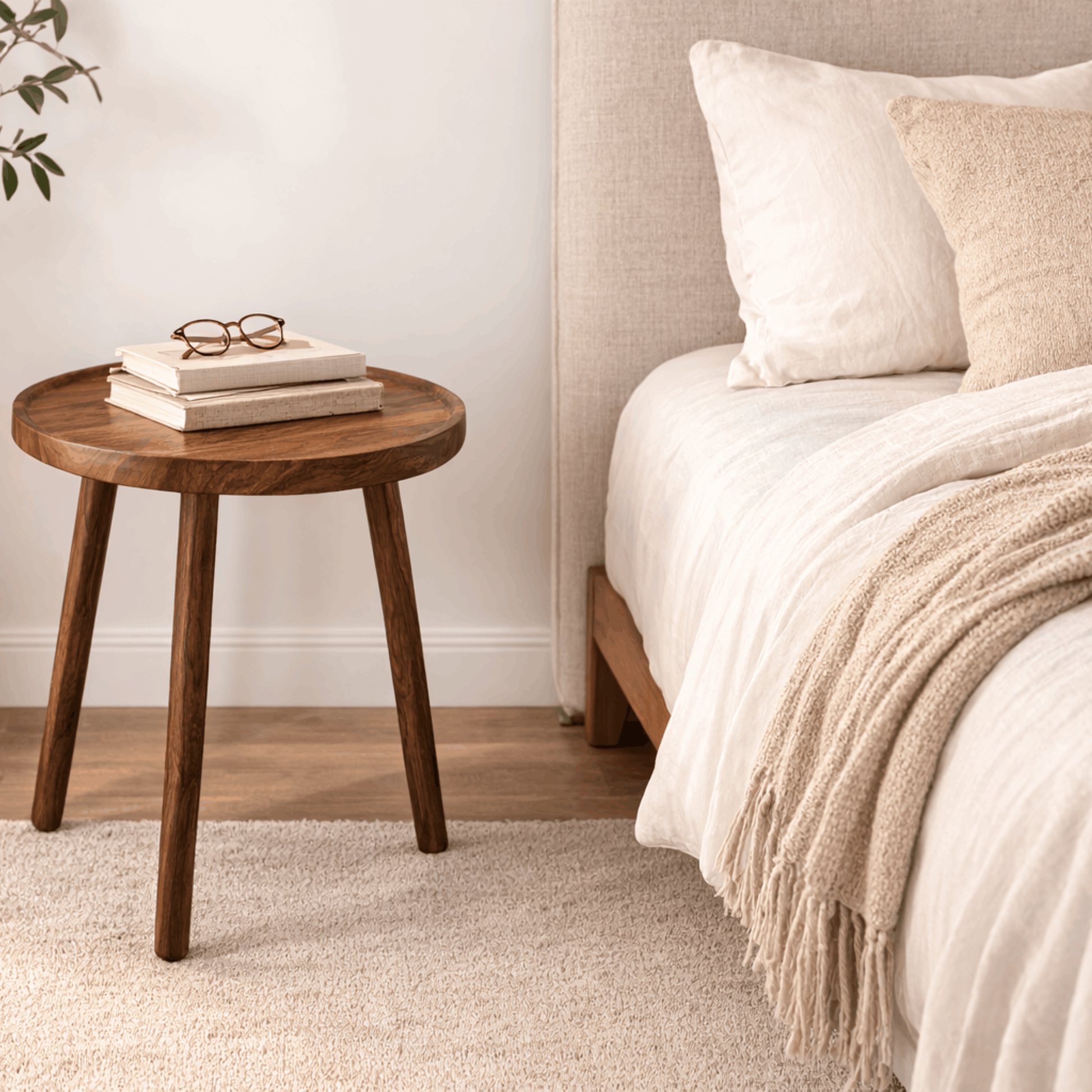 Ronde houten bijzettafel met drie poten naast een bed met boeken en een bril erop.