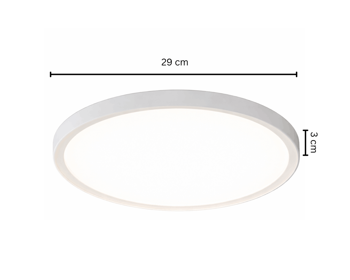 Ronde witte plafondlamp met een diameter van 29 cm en slank design van 3 cm hoog, geschikt voor moderne verlichting in huis.