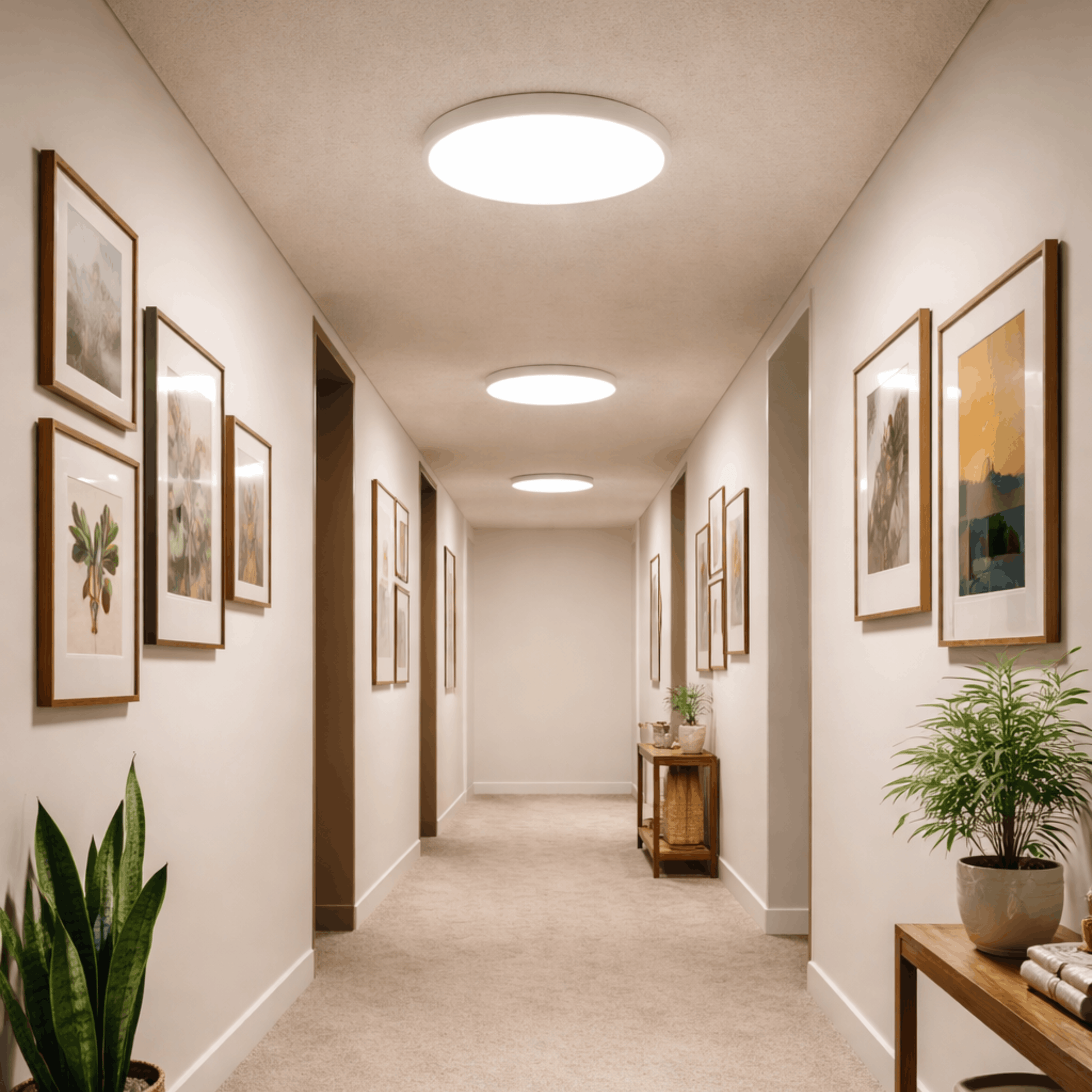 Set van ronde plafondlampen met helder licht, gemonteerd aan het plafond in een lange hal voor gelijkmatige verlichting.