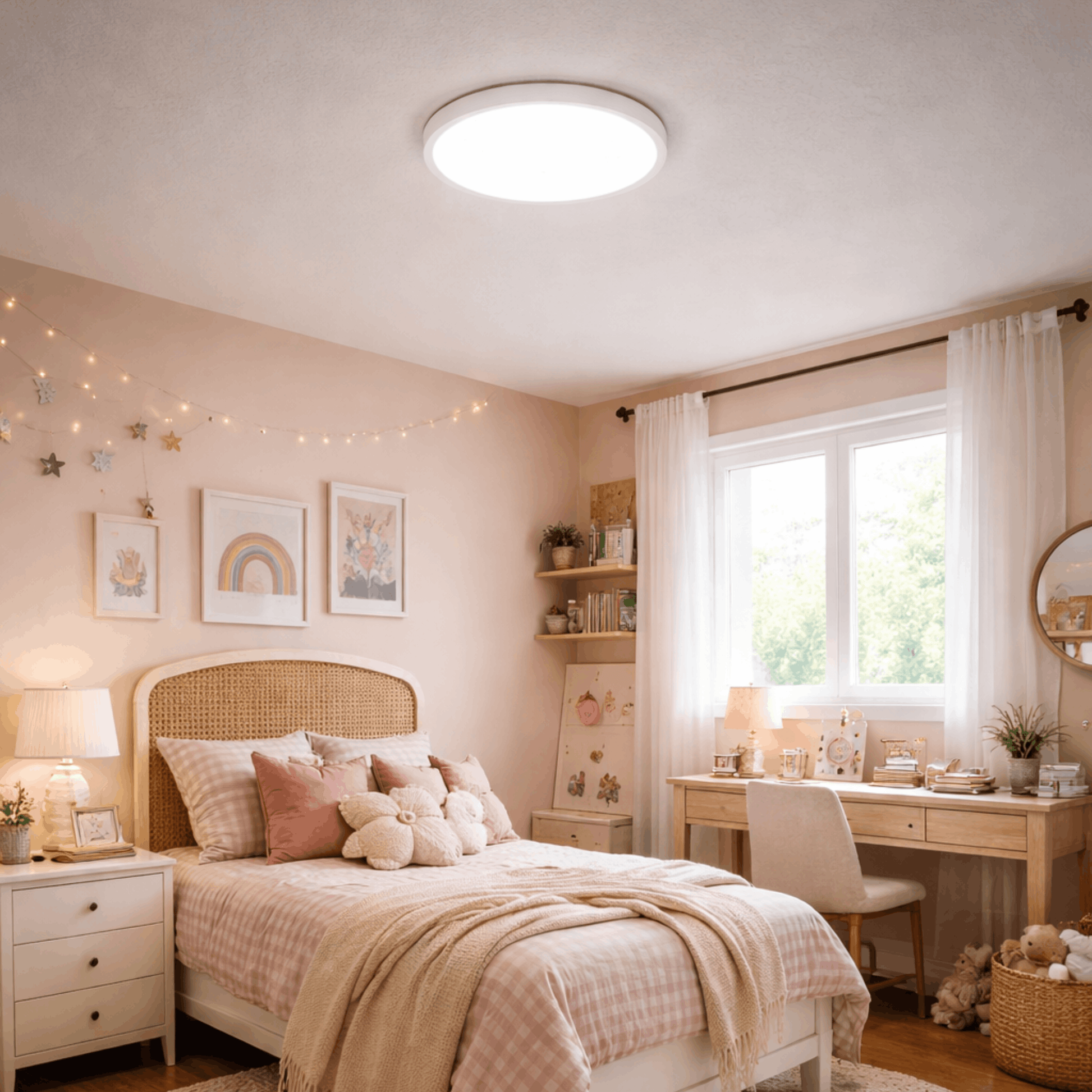 Ronde plafondlamp met zacht licht, gemonteerd aan het plafond in een gezellige slaapkamer voor gelijkmatige verlichting.