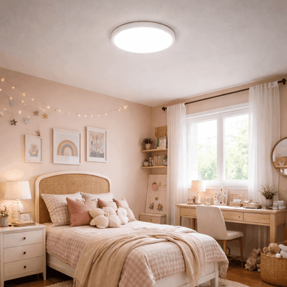 Ronde plafondlamp met zacht licht, gemonteerd aan het plafond in een gezellige slaapkamer voor gelijkmatige verlichting.