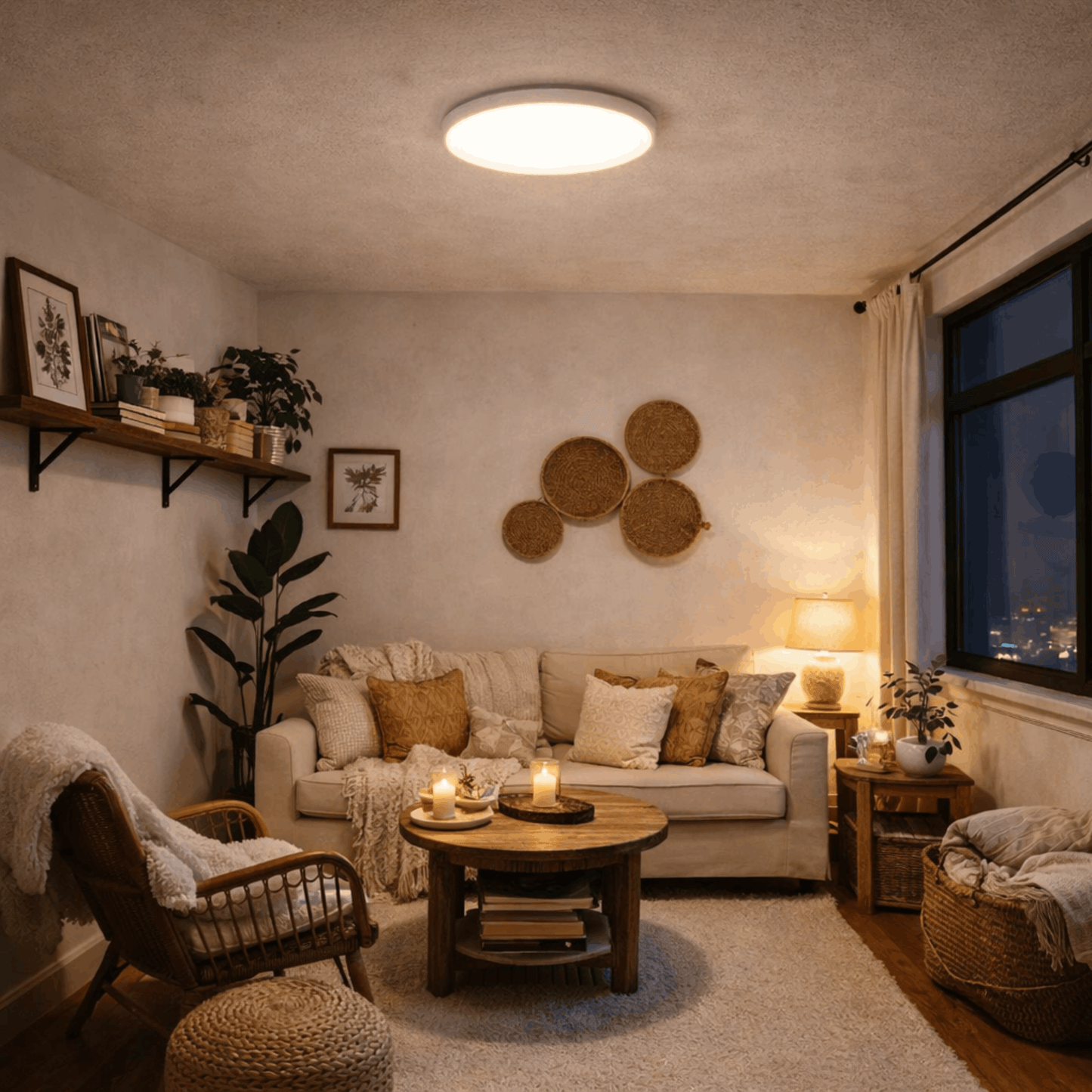 Ronde plafondlamp met zacht warm licht, gemonteerd aan het plafond en zorgt voor sfeervolle verlichting in een gezellige woonkamer.