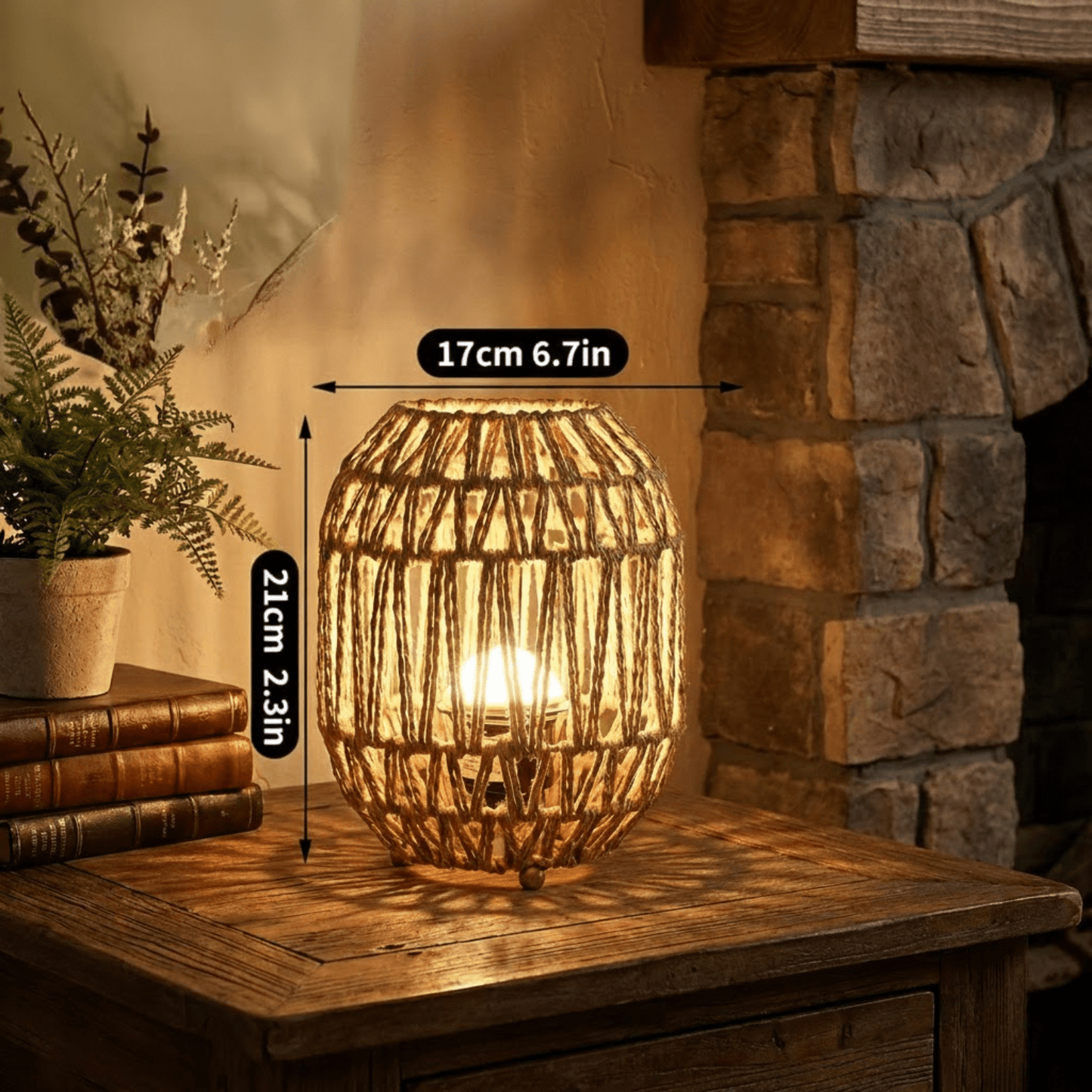 Compacte rotan tafellamp van 21x17 cm met warm licht, geplaatst op houten nachtkastje in rustieke kamer.