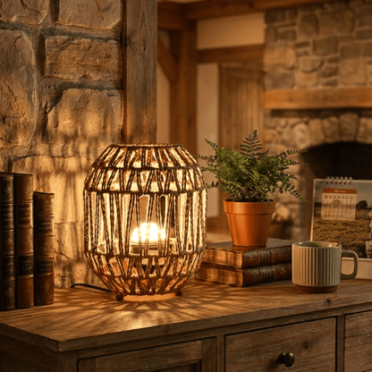 Rotan tafellamp met warm licht op houten dressoir, ideaal voor een sfeervol interieur in landelijke stijl.