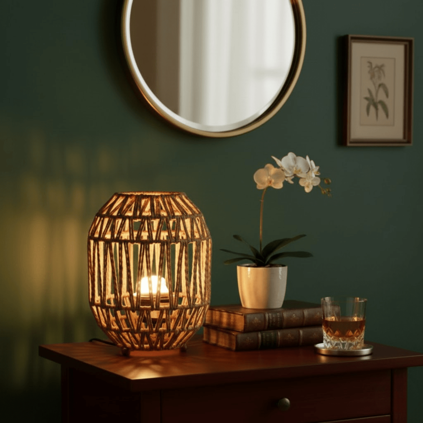 Rotan tafellamp met warm licht op houten kastje naast witte orchidee en glas in stijlvol interieur.