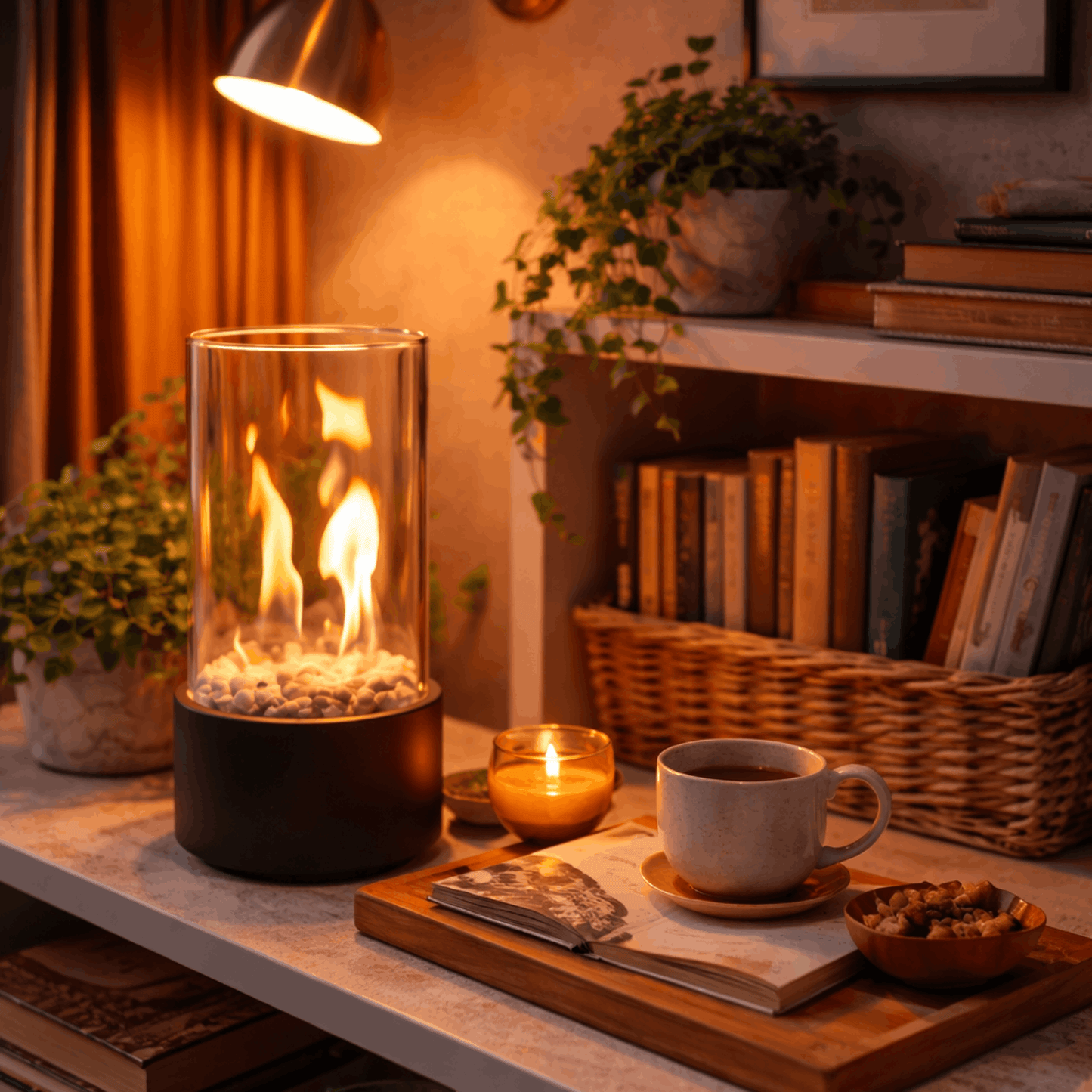 Zwarte tafelhaard met glazen cilinder en vlammen op een dressoir naast boeken, kaars en kop koffie.