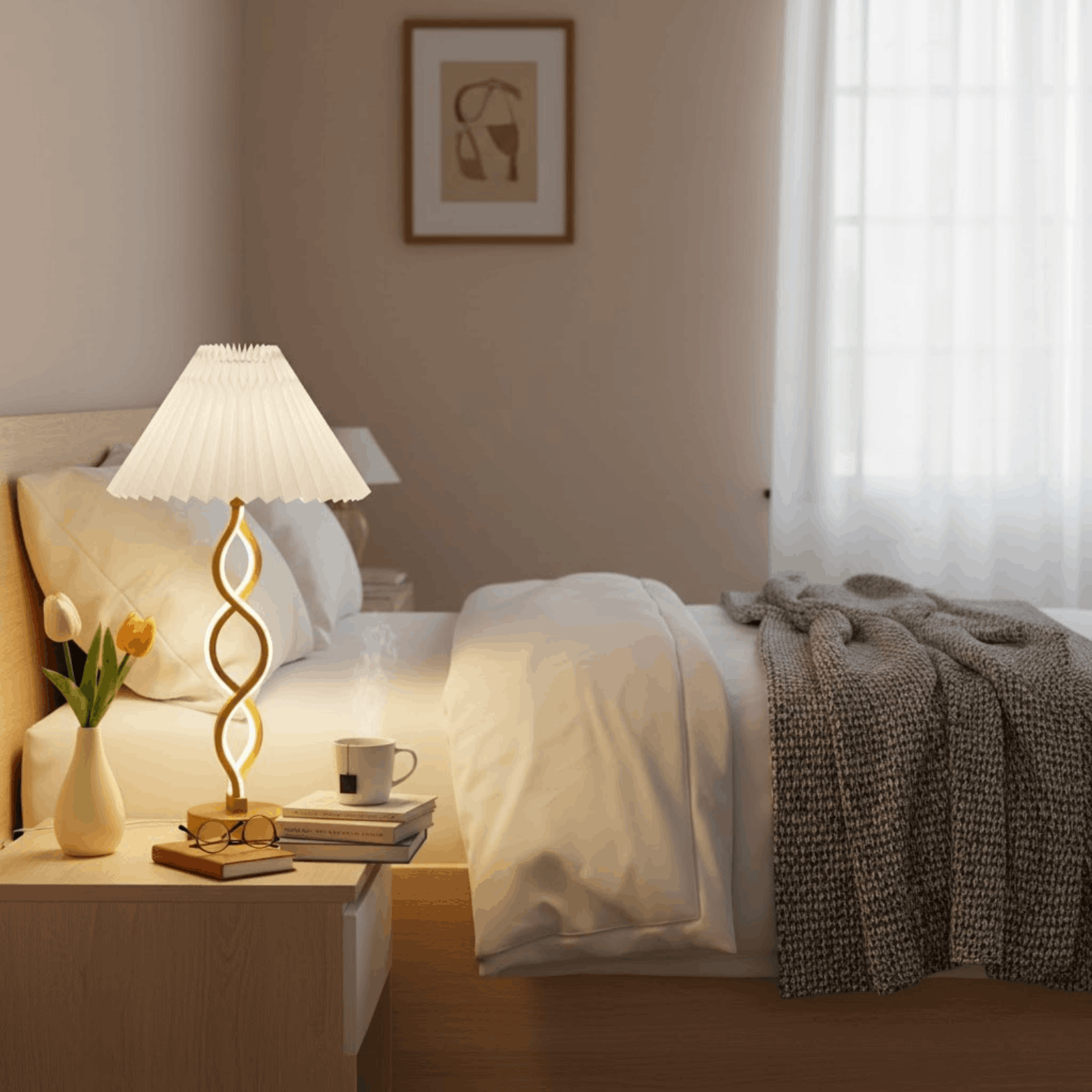 Gouden tafellamp met gedraaide voet en witte plissé kap op een nachtkastje naast een bed.