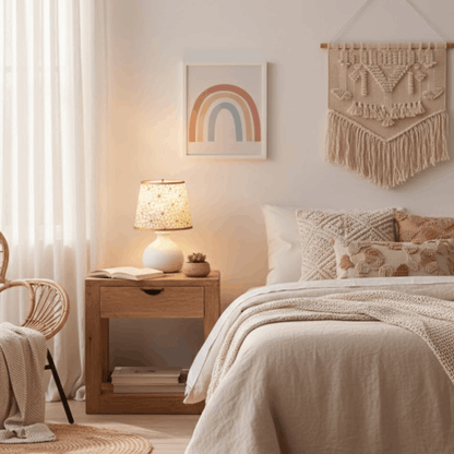 Verlichte tafellamp met bloemmotief kap op een houten nachtkastje in een boho-stijl slaapkamer.