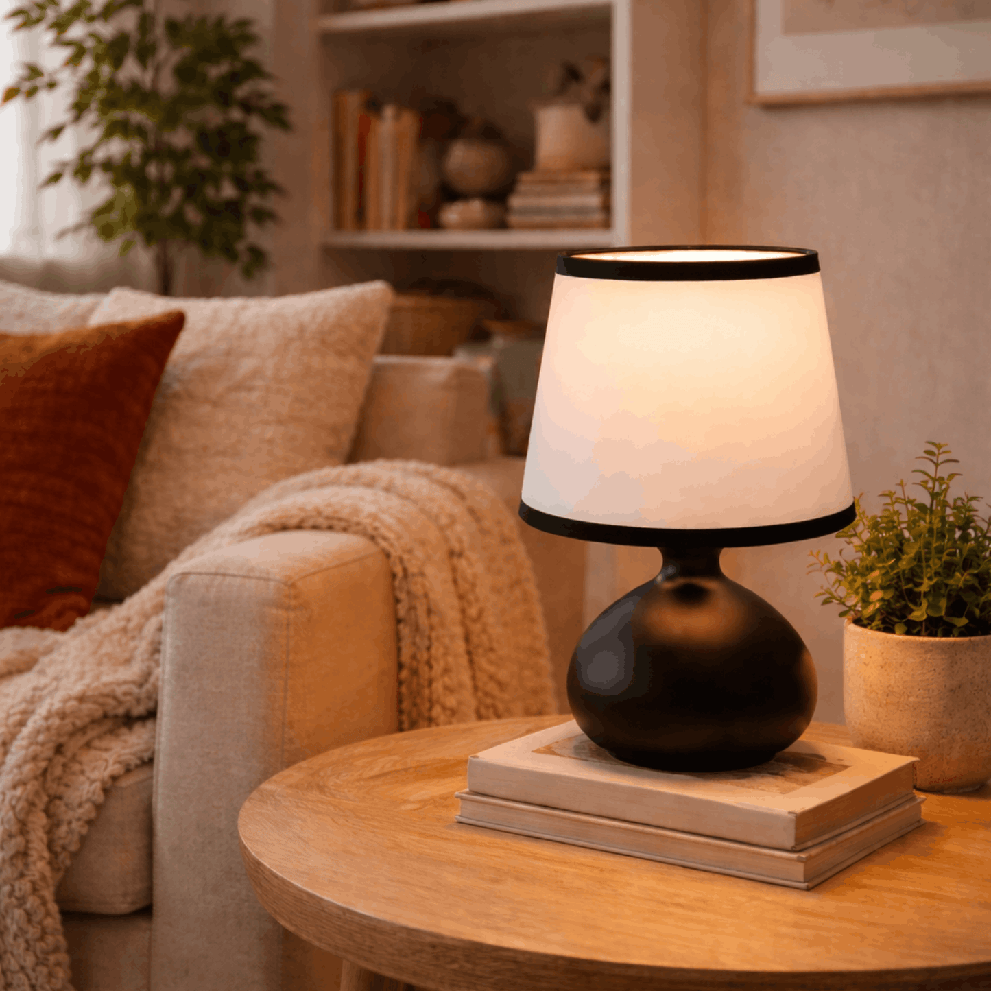 Tafellamp met zwarte voet en witte kap op een rond houten tafeltje in een warme woonkamer.