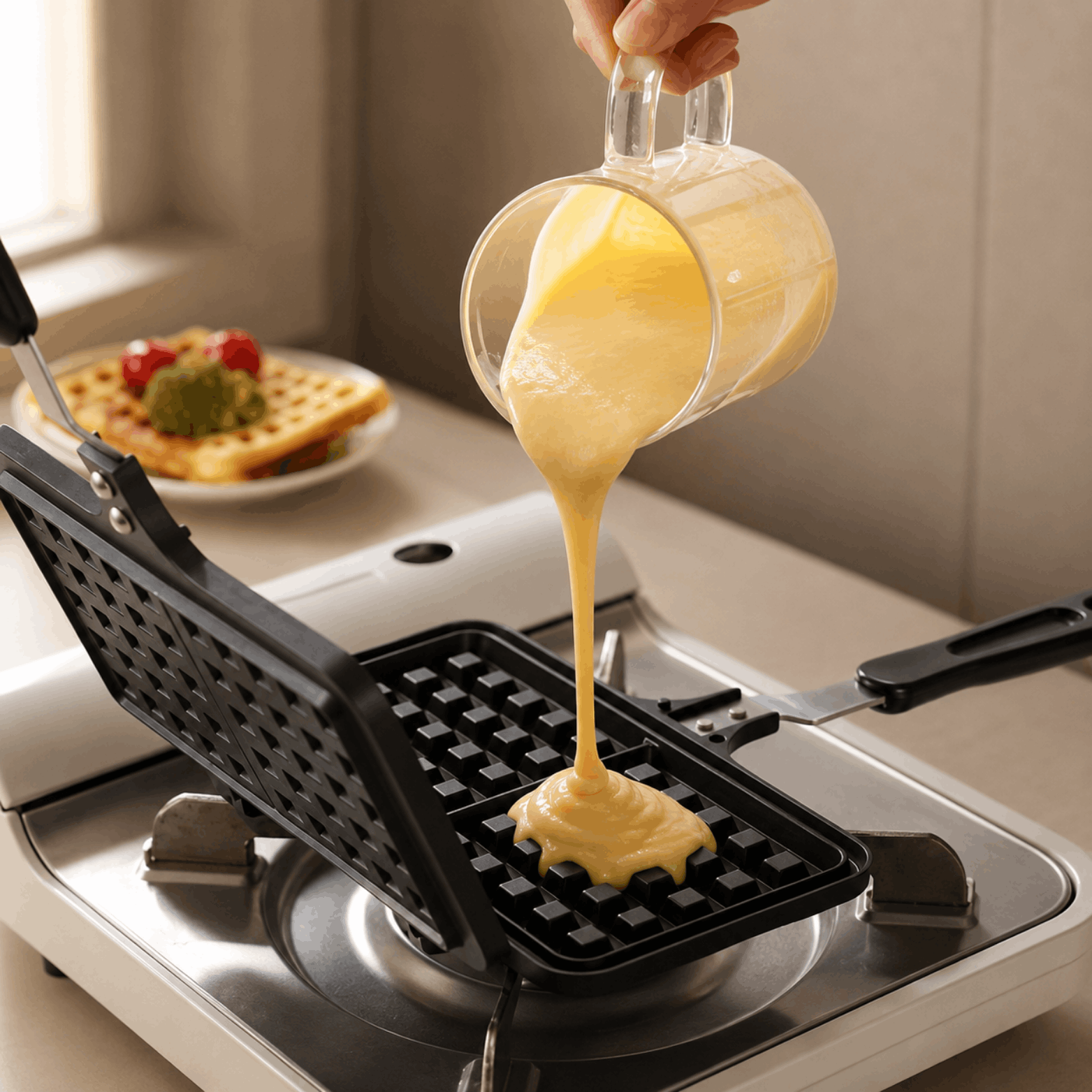 Open zwart wafelijzer terwijl beslag uit een glazen beker op de wafelplaat wordt gegoten.