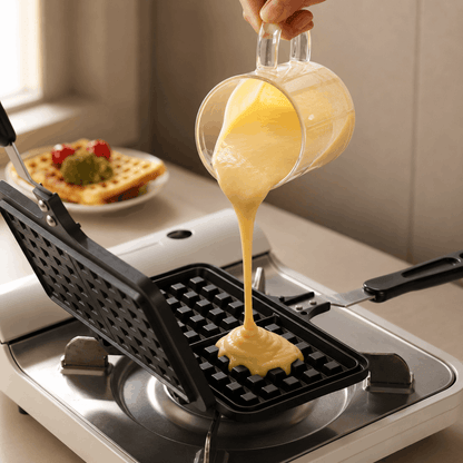 Open zwart wafelijzer terwijl beslag uit een glazen beker op de wafelplaat wordt gegoten.