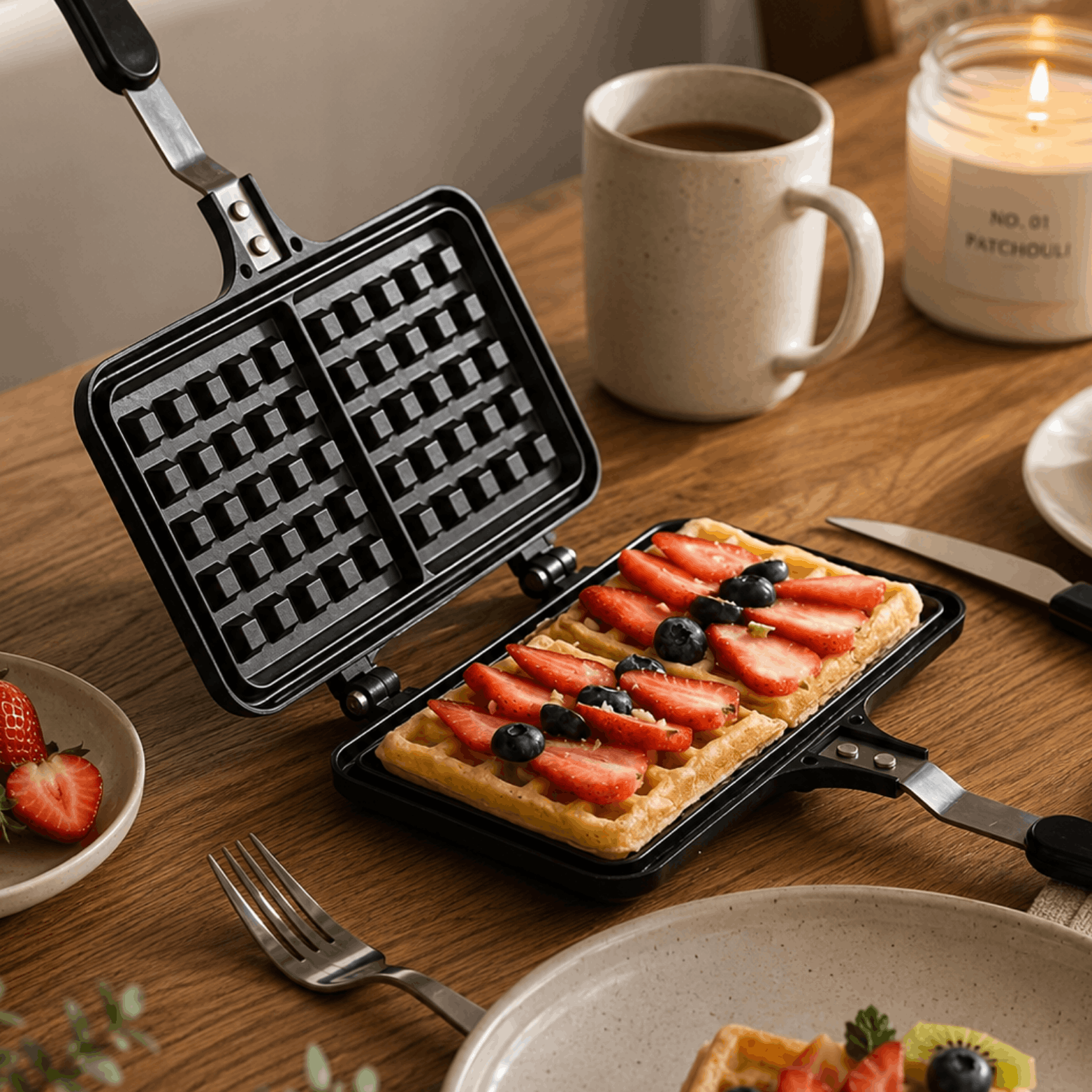 Open zwart wafelijzer met wafels, aardbeien en blauwe bessen op een houten tafel.