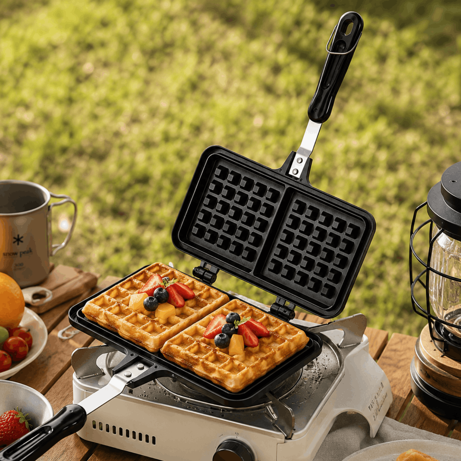Open zwart wafelijzer met verse wafels en fruit op een campingkoker in de buitenlucht.