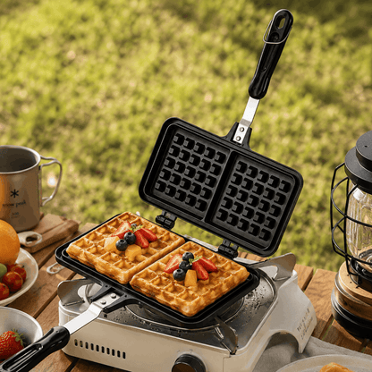 Open zwart wafelijzer met verse wafels en fruit op een campingkoker in de buitenlucht.