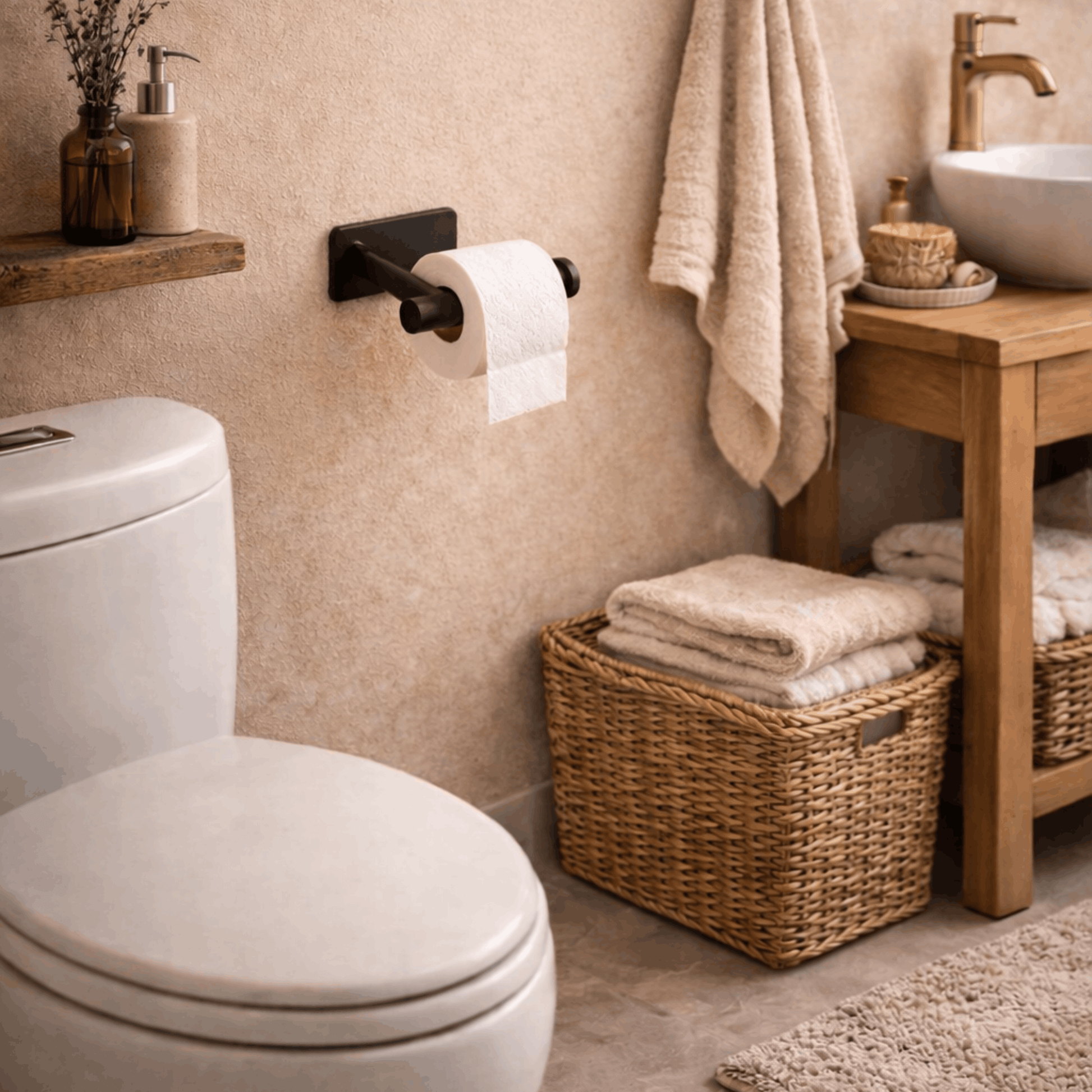 Moderne zwarte wandgemonteerde toiletrolhouder met toiletpapier, geplaatst naast een toilet in een stijlvolle badkamer.