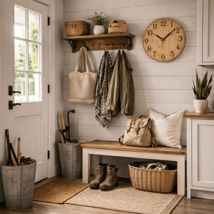 Houten wandklok met zwarte cijfers aan de muur van een landelijk ingerichte hal.