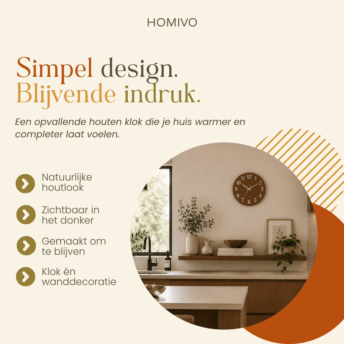 Houten wandklok in keuken met kenmerken natuurlijke houtlook en zichtbaar in het donker als infographic