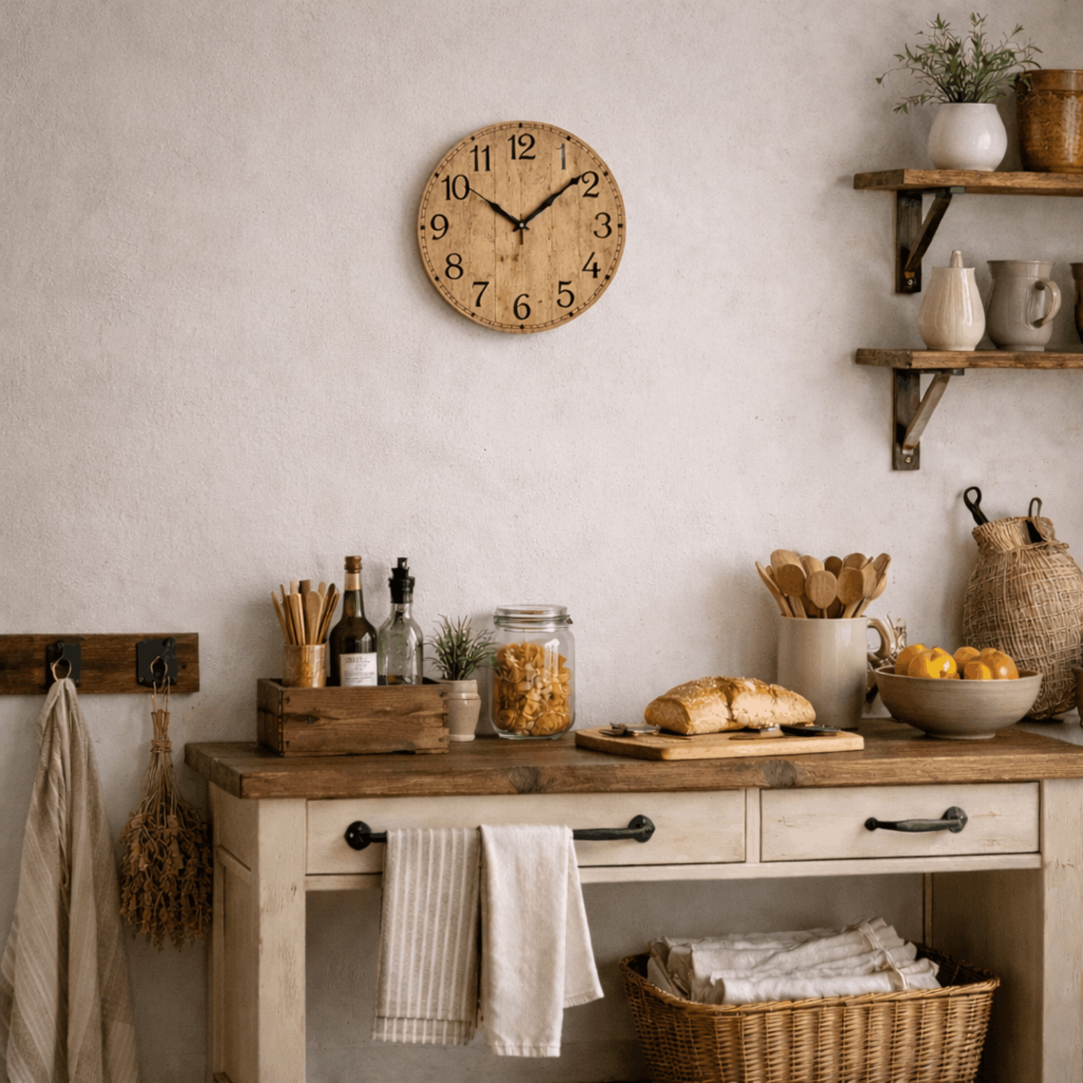 Houten wandklok met zwarte cijfers aan de muur van een landelijke keuken.