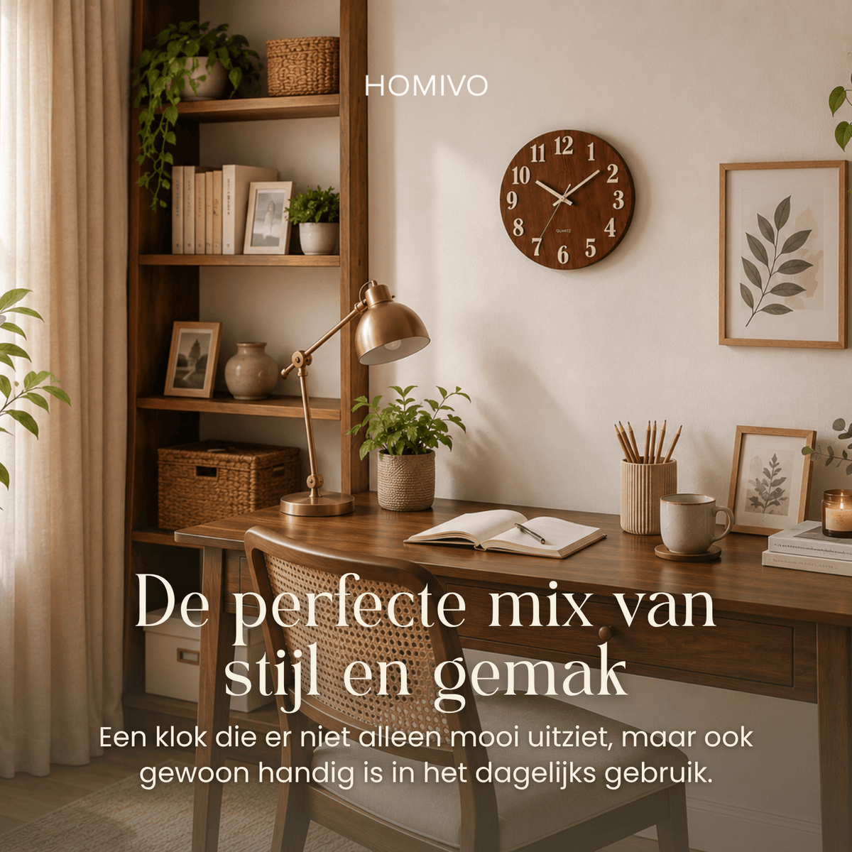 Houten wandklok boven bureau met boekenkast planten en gouden lamp in warme werkkamer