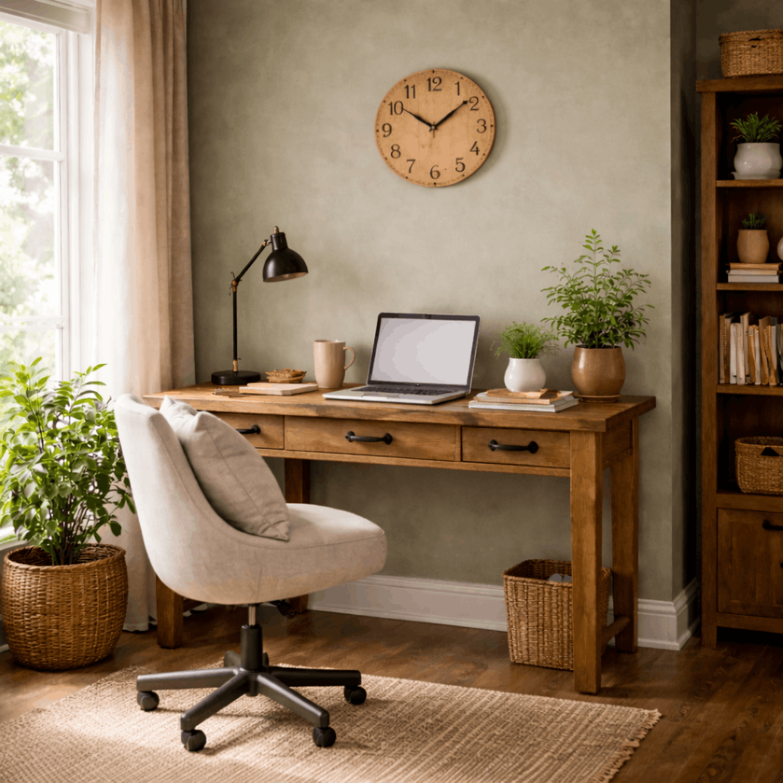 Houten wandklok met zwarte cijfers aan een groene muur in een sfeervol thuiskantoor.