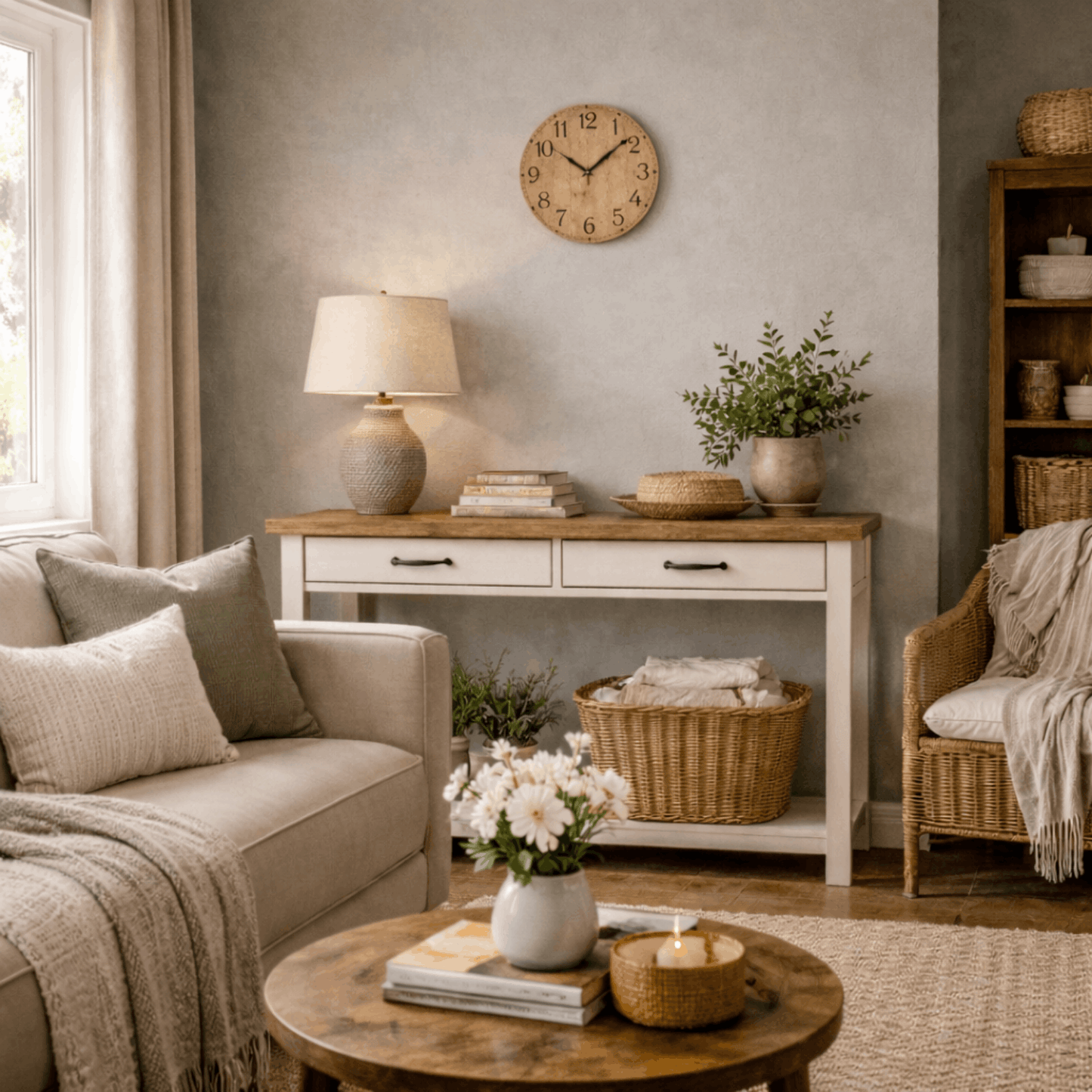 Houten wandklok met zwarte cijfers aan de muur van een rustiek ingerichte woonkamer.