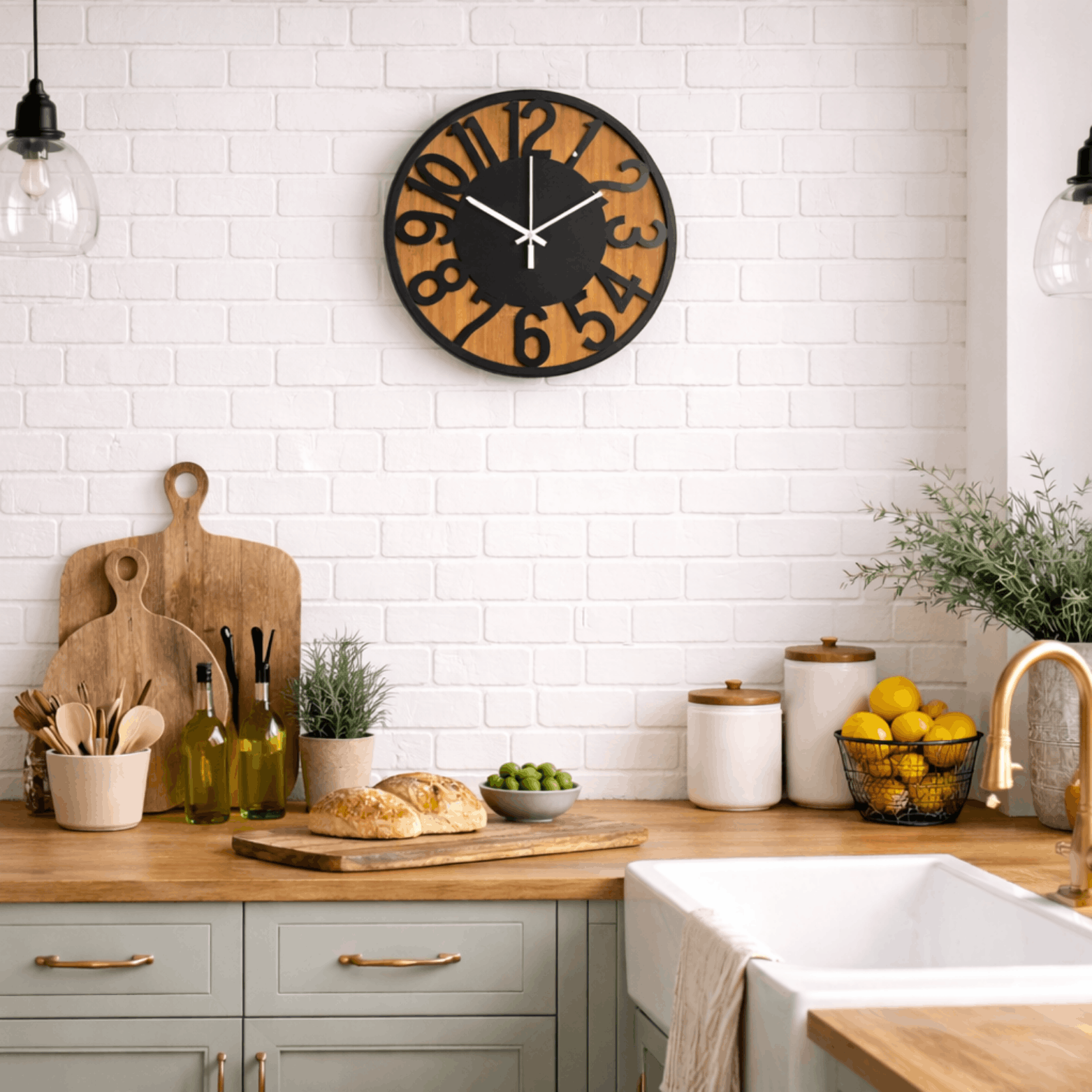 Ronde wandklok met houten achtergrond en zwarte cijfers, hangend aan een witte bakstenen muur in een keuken.