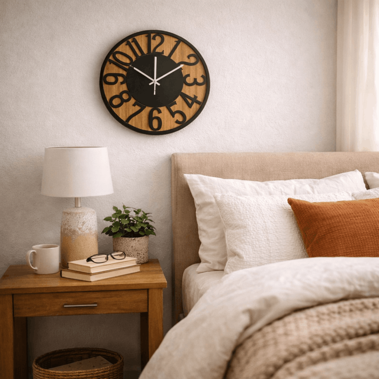 Ronde wandklok met houtlook en zwarte cijfers, hangend aan de muur boven een nachtkastje in een slaapkamer.