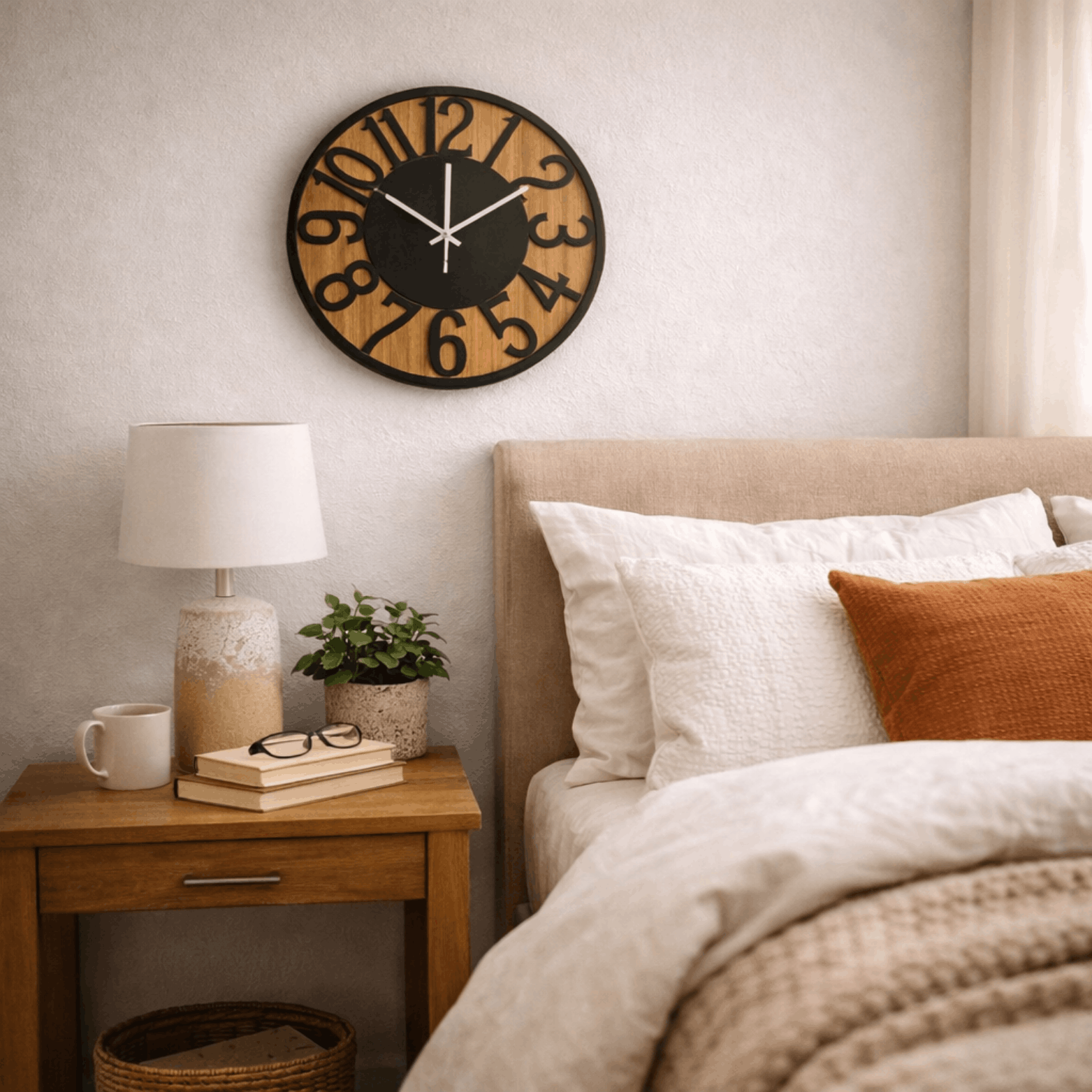 Ronde wandklok met houtlook en zwarte cijfers, hangend aan de muur boven een nachtkastje in een slaapkamer.