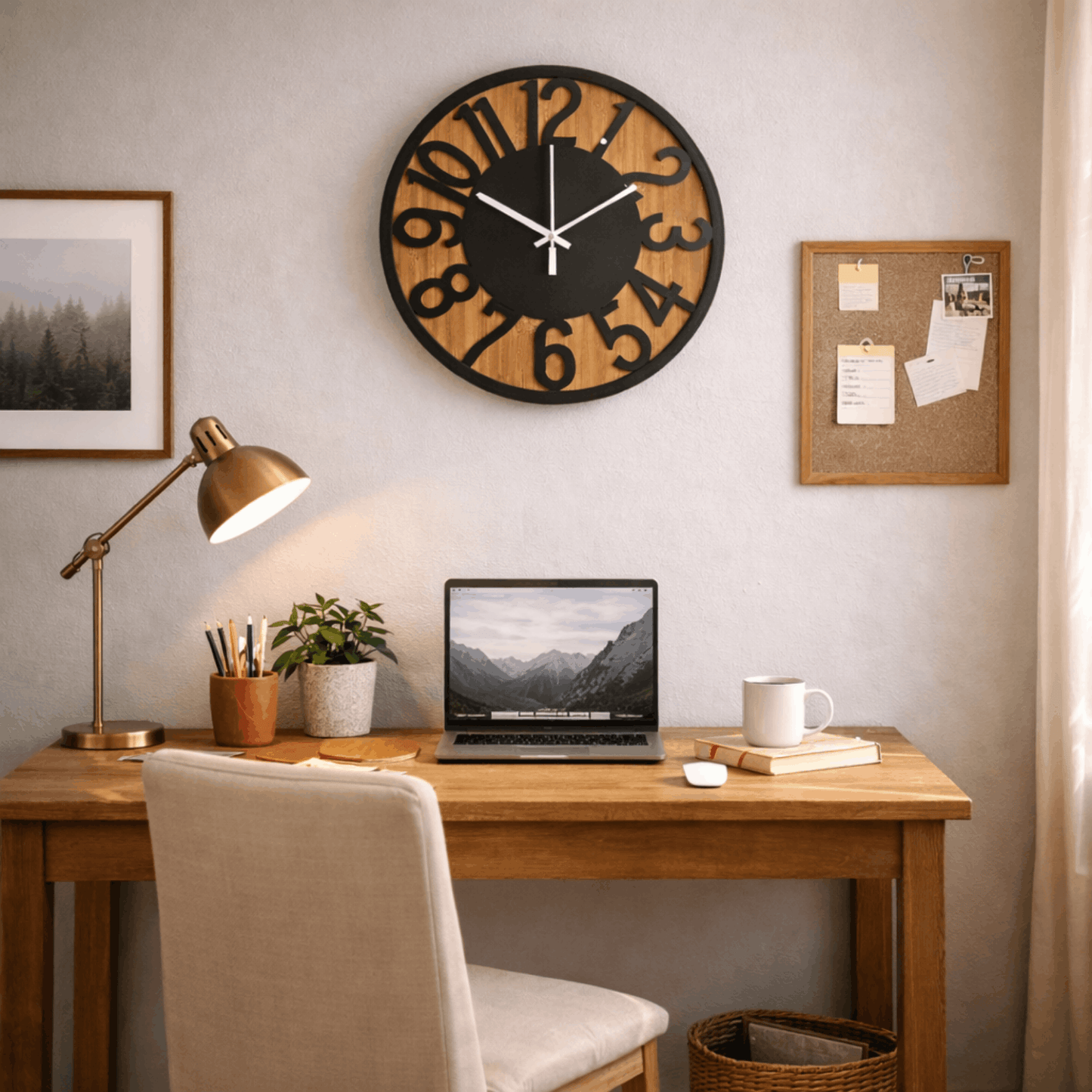 Ronde wandklok met houtlook en zwarte cijfers, hangend aan de muur boven een houten bureau in een thuiskantoor.