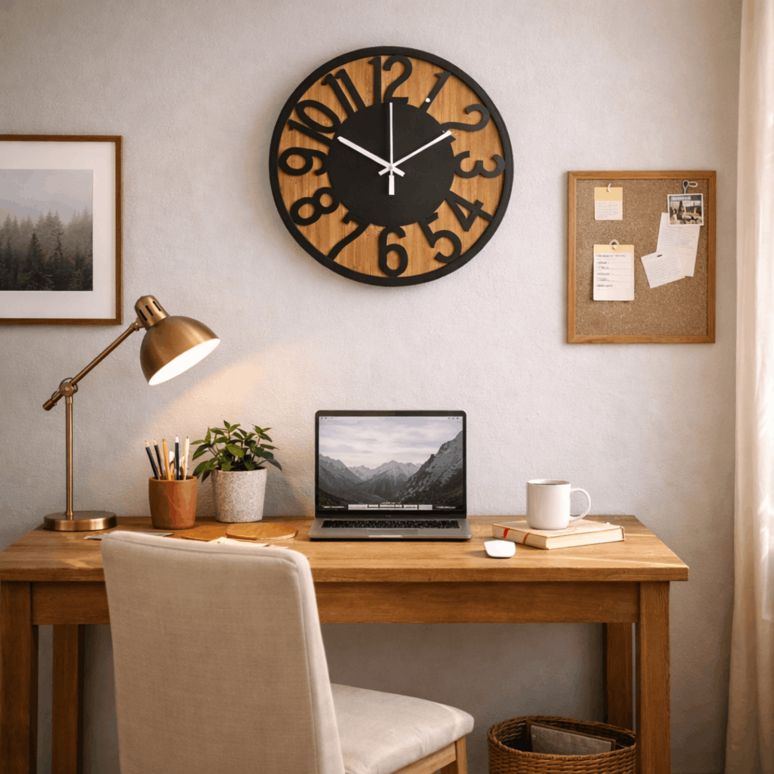 Ronde wandklok met houtlook en zwarte cijfers, hangend aan de muur boven een houten bureau in een thuiskantoor.