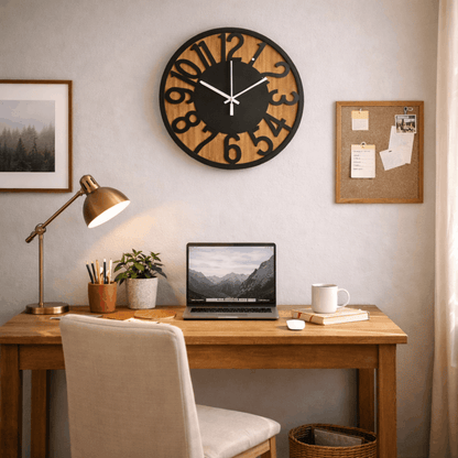 Ronde wandklok met houtlook en zwarte cijfers, hangend aan de muur boven een houten bureau in een thuiskantoor.