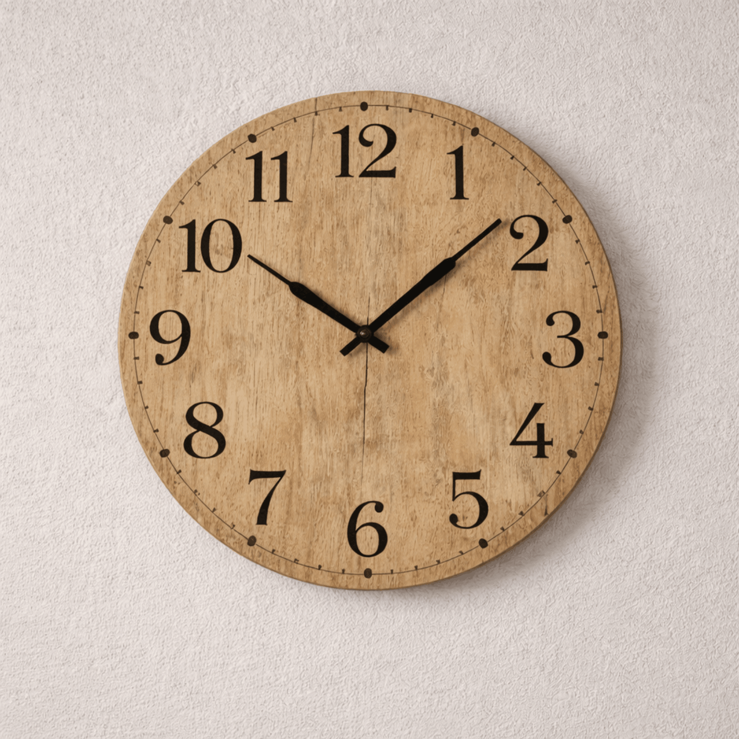 Houten wandklok met zwarte cijfers en wijzers tegen een witte muur.