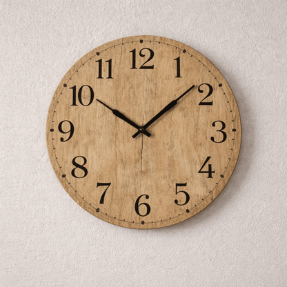 Houten wandklok met zwarte cijfers en wijzers tegen een witte muur.