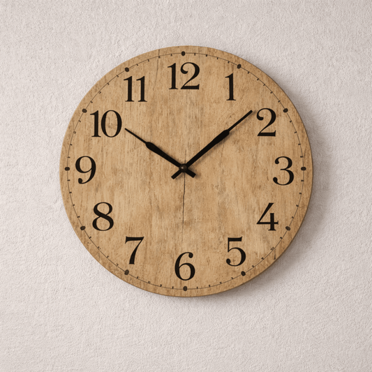 Houten wandklok met zwarte cijfers en wijzers tegen een witte muur.