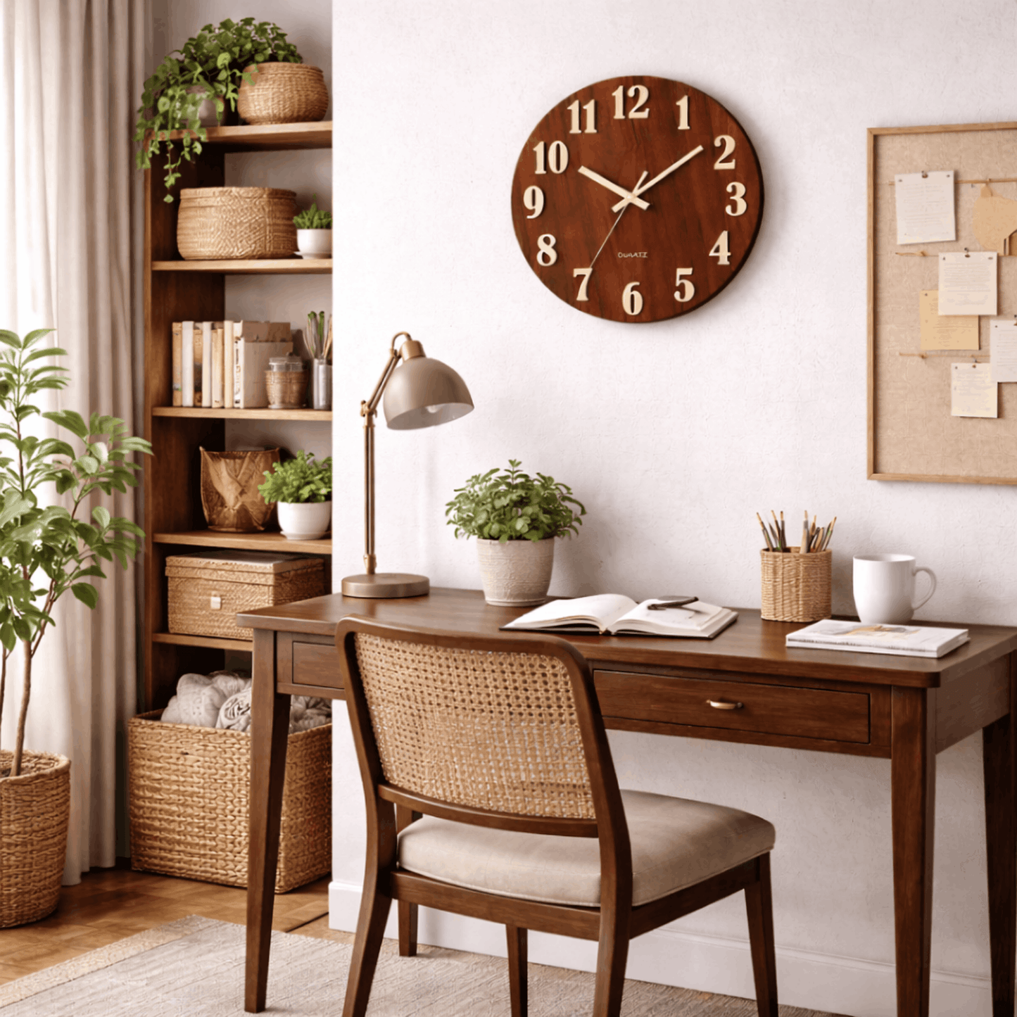 Wandklok met houtlook en grote cijfers, hangend boven een bureau in een natuurlijke thuiswerkplek.