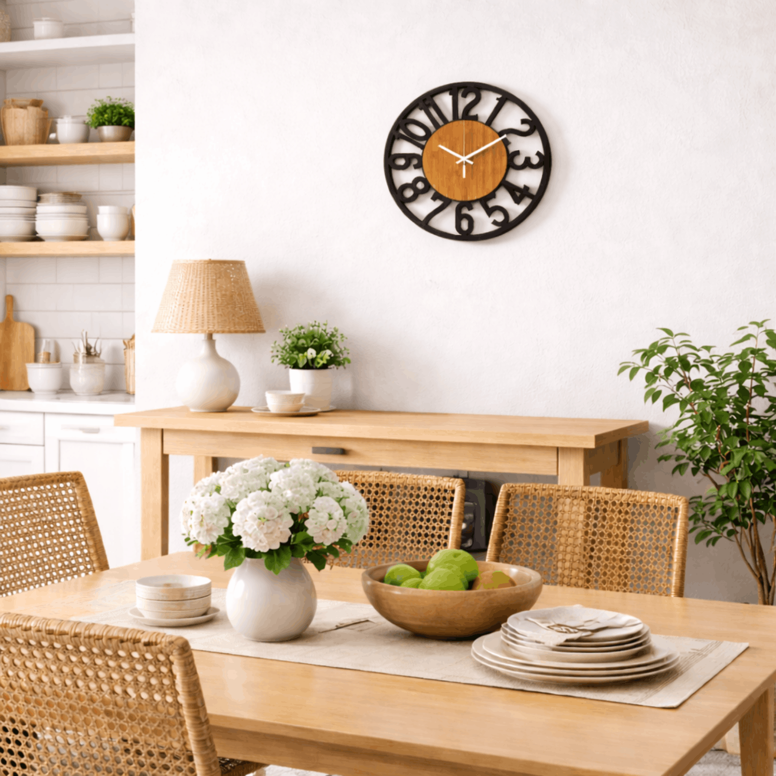 Ronde wandklok met zwarte rand en houten binnenzijde, hangend aan een witte muur in een lichte eetkamer.