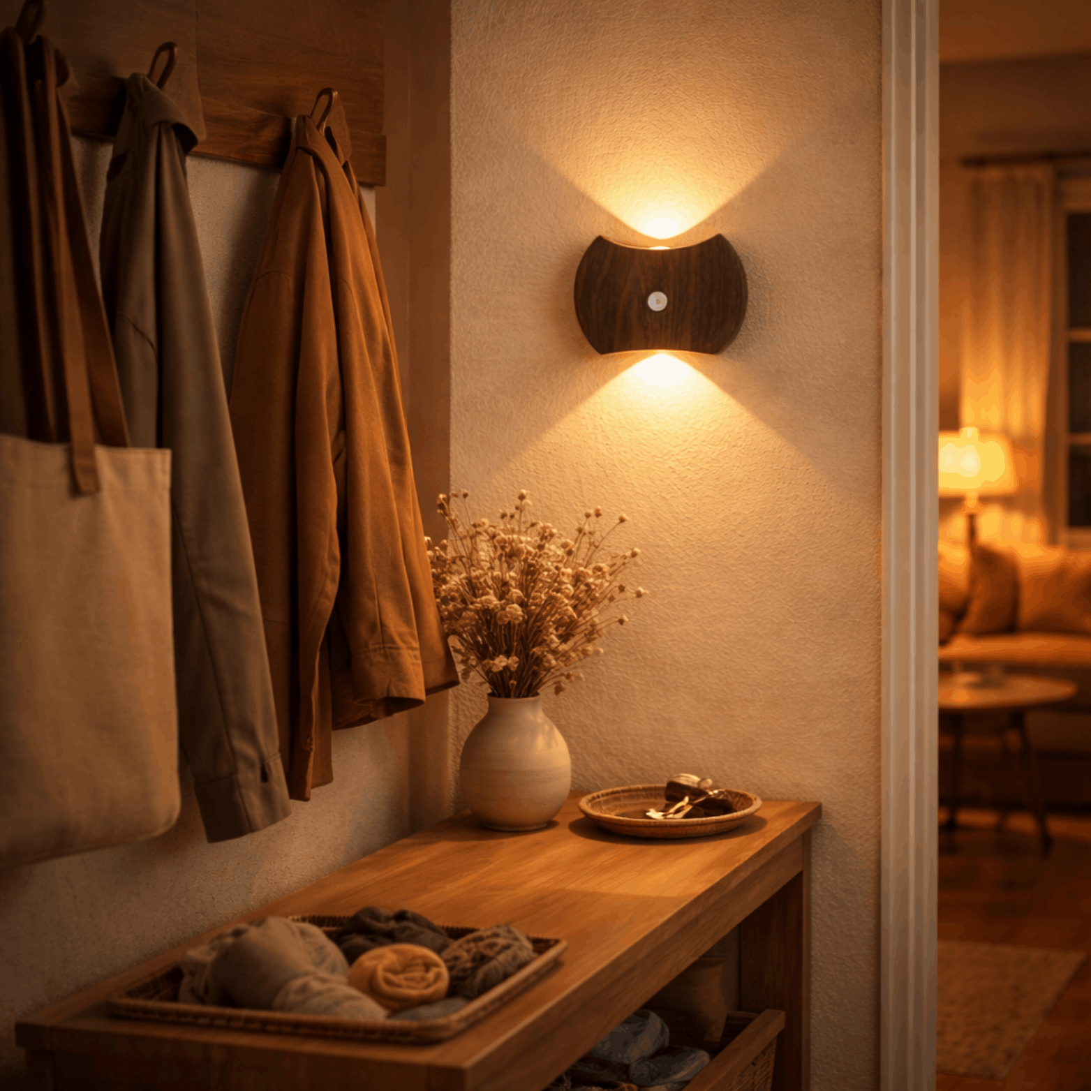 Wandlamp met donkere houten behuizing die warm licht verspreidt in een sfeervol ingerichte hal.