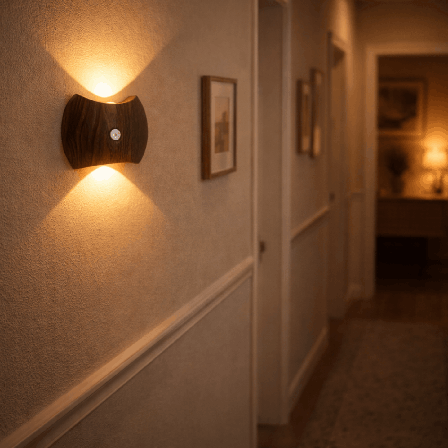 Wandlamp met donkere houten behuizing die warme lichtstralen verspreidt in een sfeervolle gang.