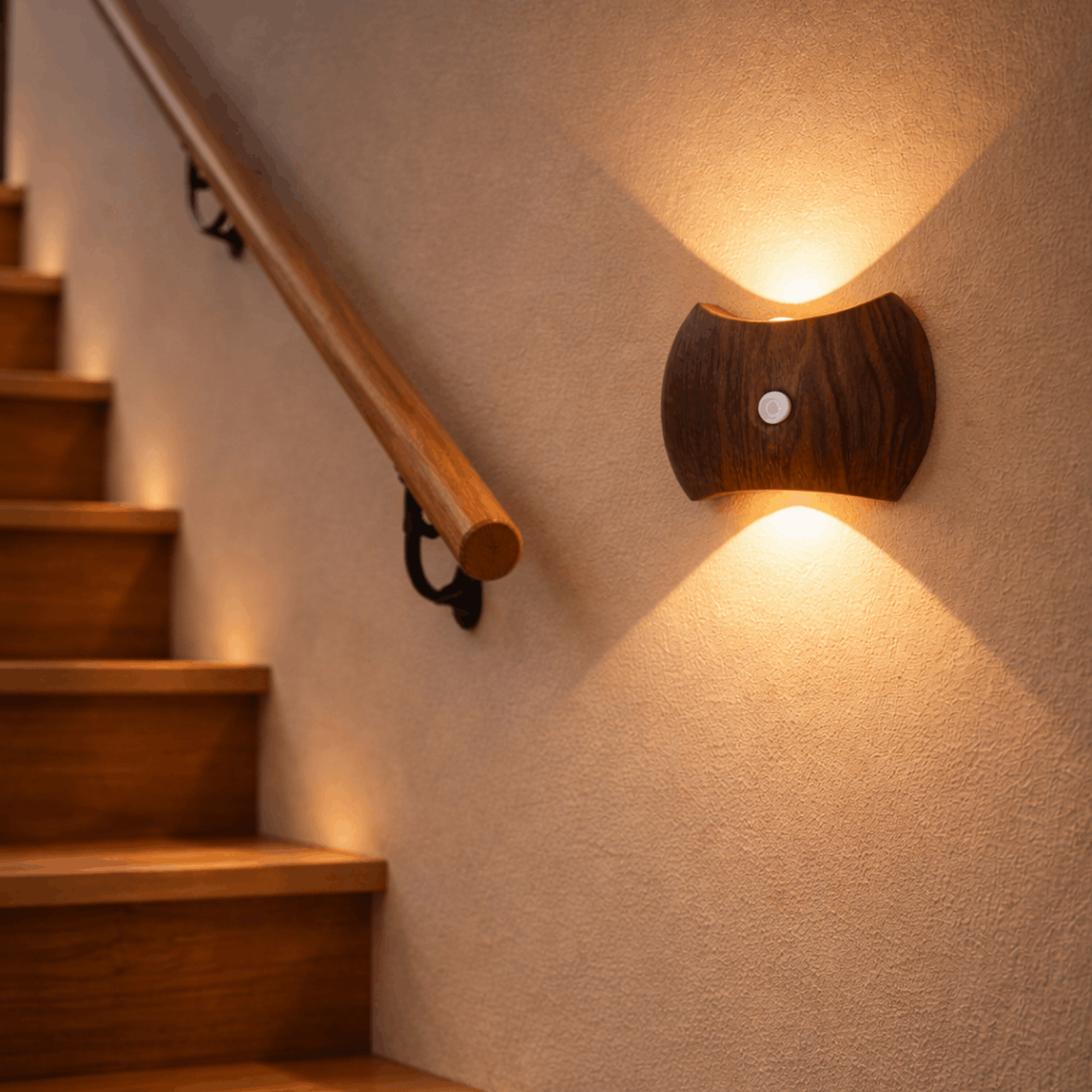 Wandlamp met donkere houten behuizing die warm licht verspreidt langs een houten trap met leuning.