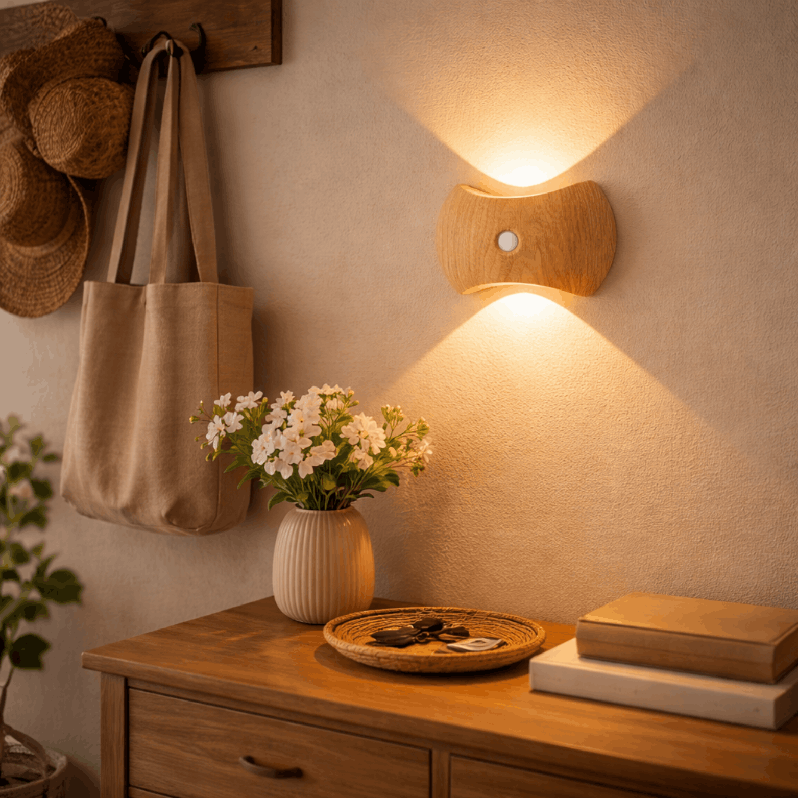 Wandlamp met lichte houten behuizing die warm licht werpt boven een dressoir met bloemen en sleutels.