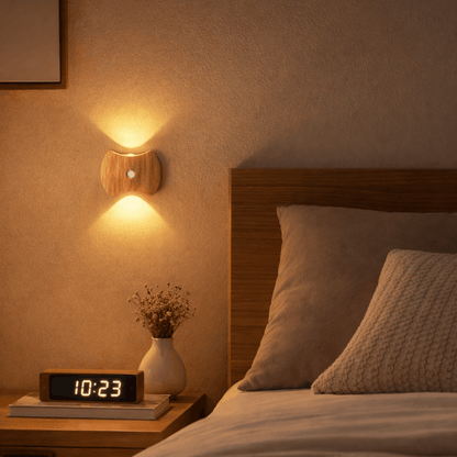 Wandlamp met lichte houten behuizing die warm licht verspreidt boven een nachtkastje in een slaapkamer.