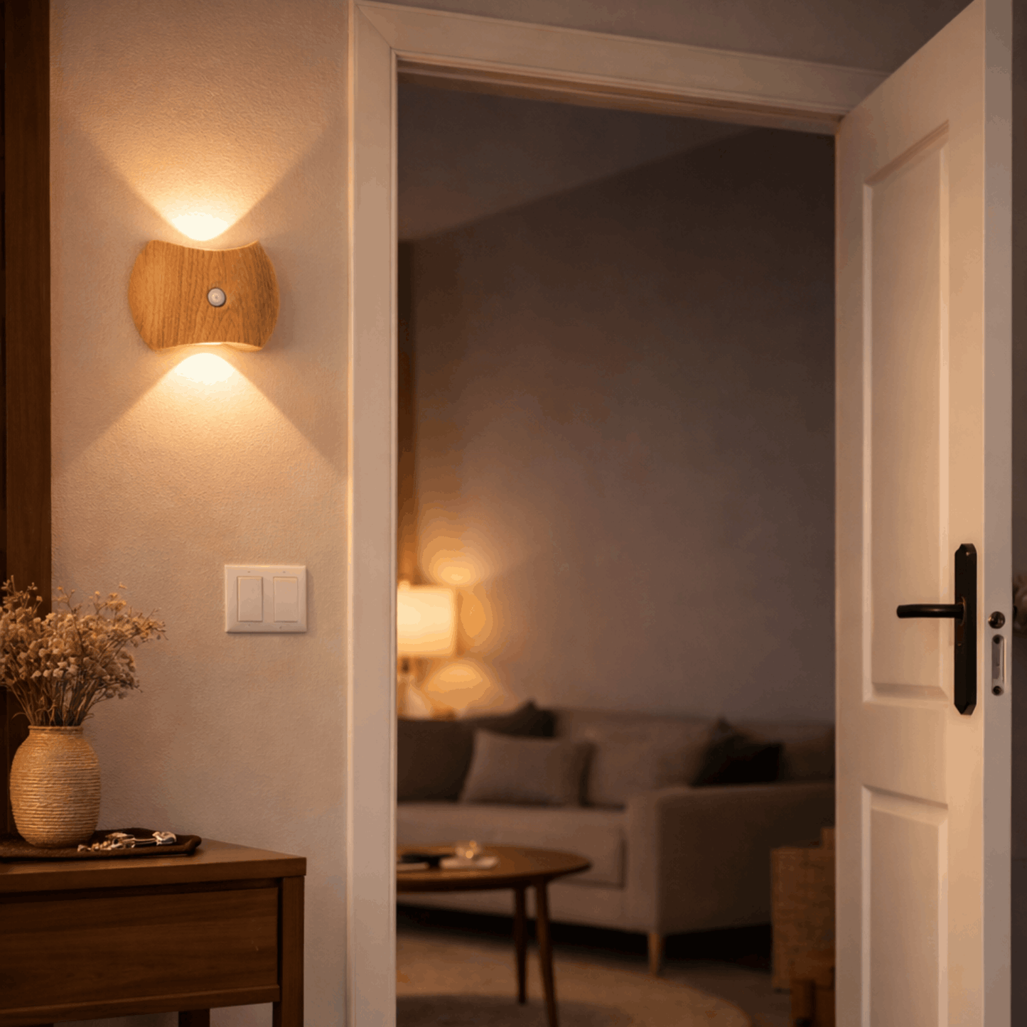 Wandlamp met lichte houten behuizing die warm licht verspreidt bij een open deur naar de woonkamer.