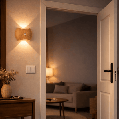 Wandlamp met lichte houten behuizing die warm licht verspreidt bij een open deur naar de woonkamer.