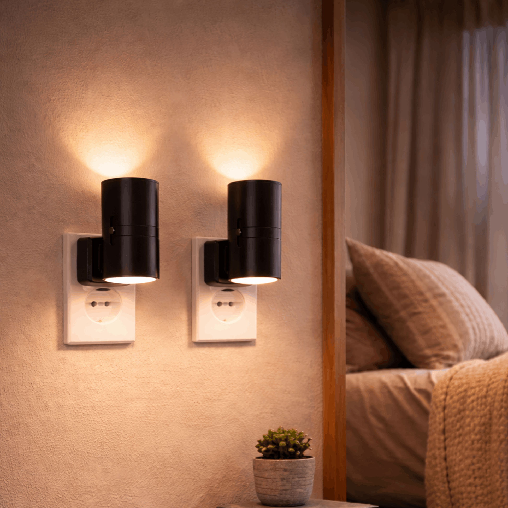 Twee moderne nachtlampjes voor in het stopcontact met warm licht, gemonteerd aan de muur naast een bed.