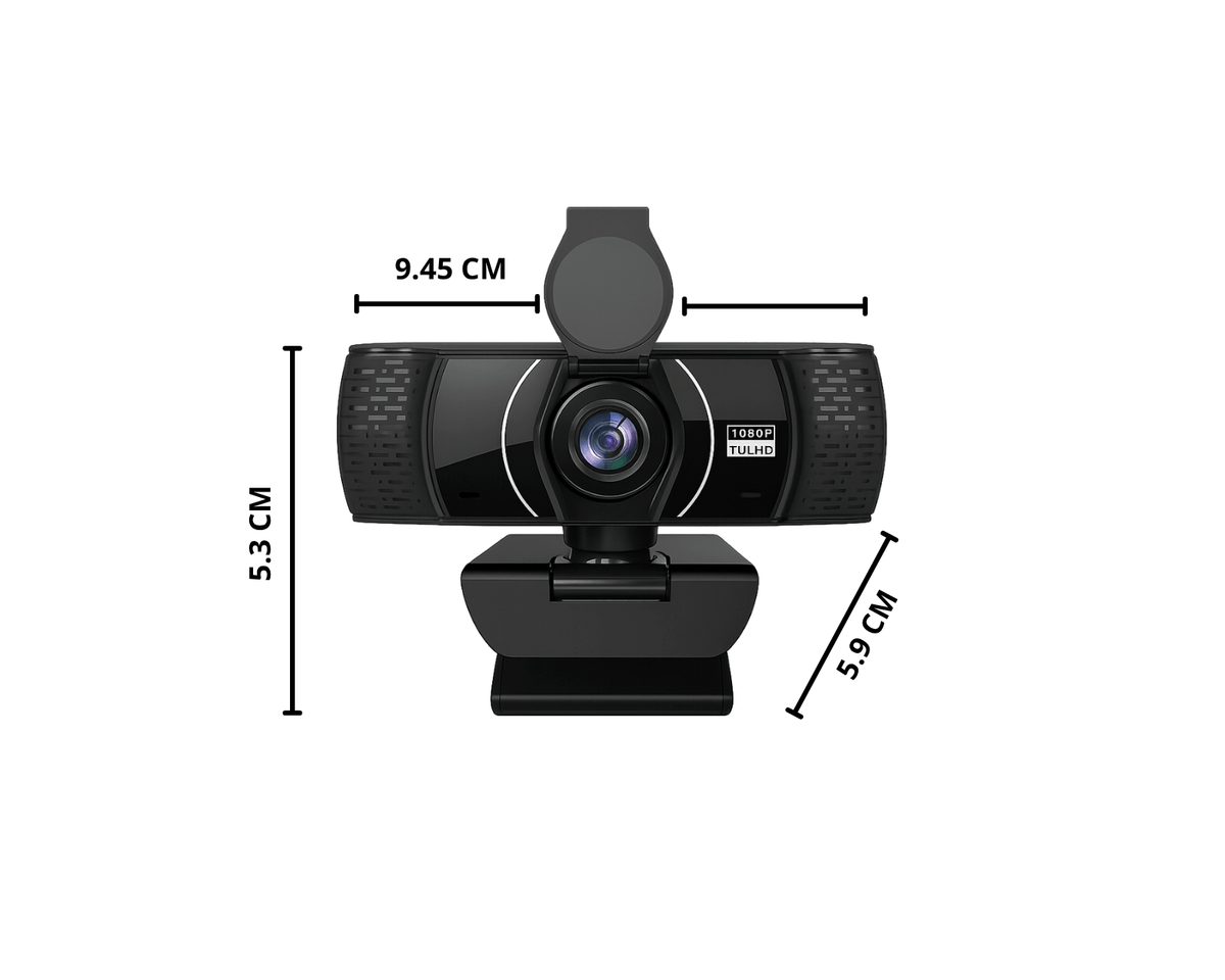 Zwarte webcam met cliphouder en weergegeven afmetingen op een lichte achtergrond.