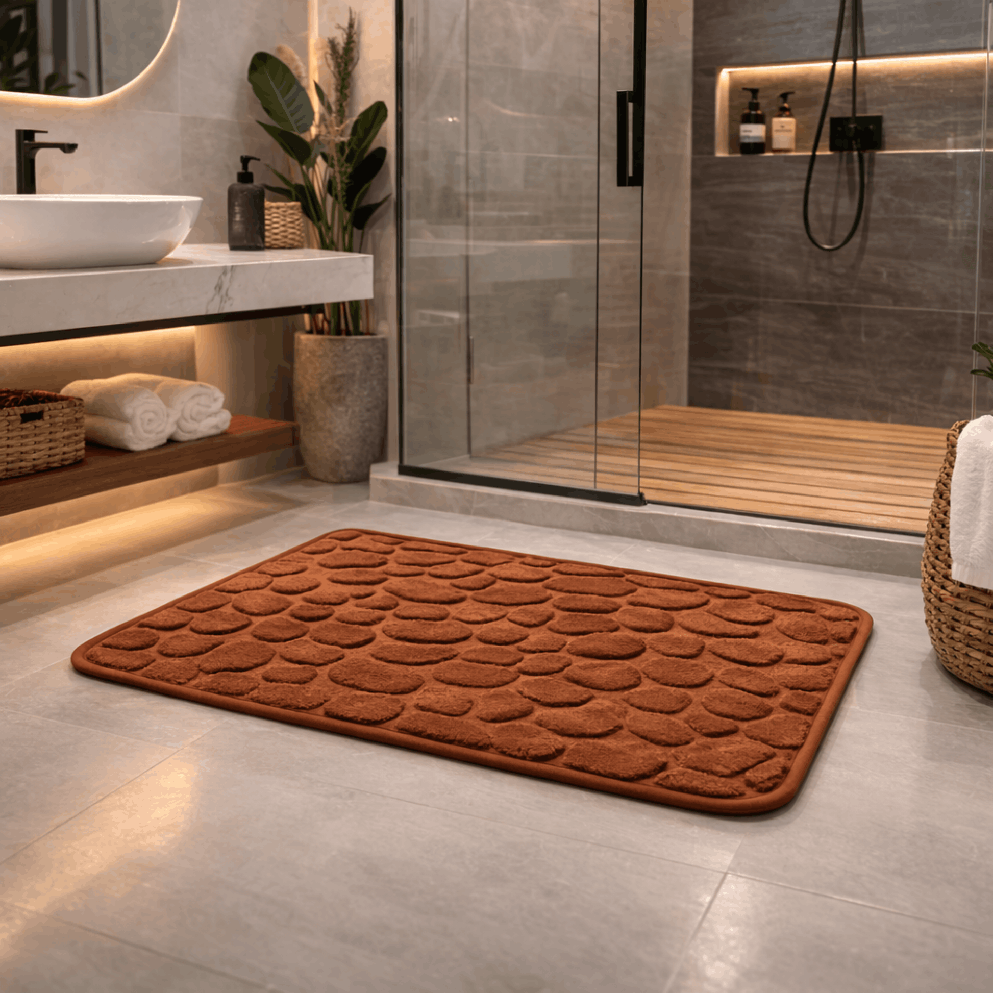 Zachte bruine badmat met steenstructuur en antislip onderkant, geplaatst op een tegelvloer in een moderne badkamer naast de douche.