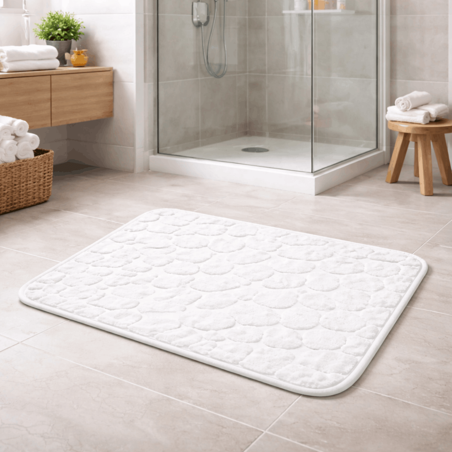 Zachte witte badmat voor de badkamer met antislip onderkant, geplaatst op een tegelvloer bij een douche.