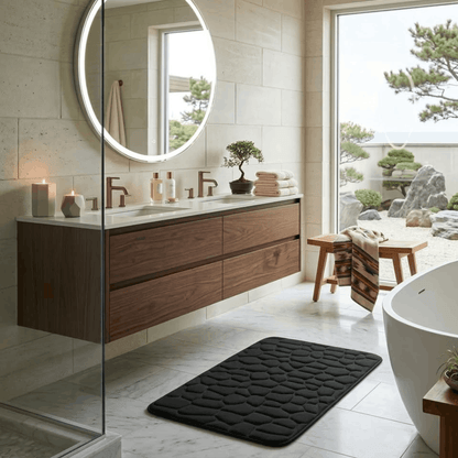 Zachte zwarte badmat met steenstructuur en antislip onderkant, geplaatst op de vloer van een moderne badkamer naast bad en douche.