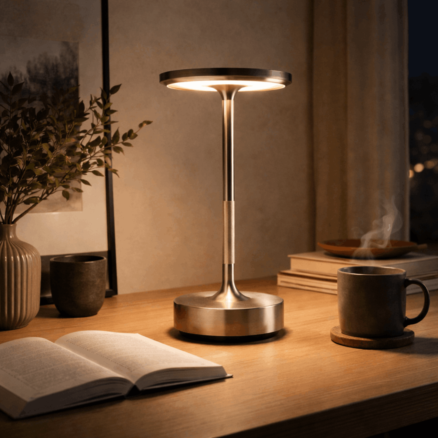 Moderne zilver tafellamp met slanke voet en ronde lichtbron, geplaatst op een bureau naast een boek en mok.